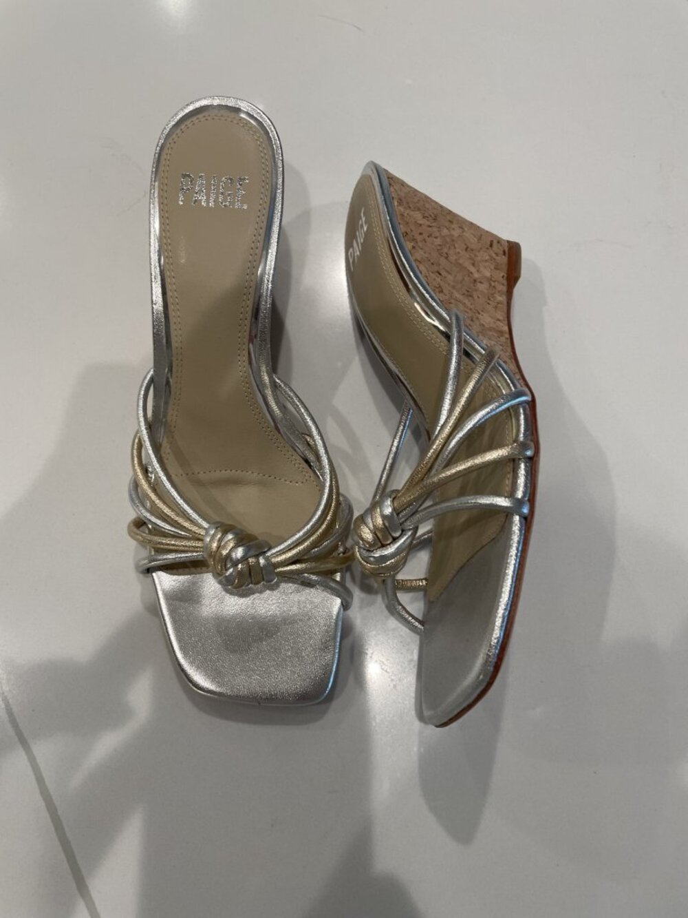 Paige metallic leather silver and gold, top knot wedge heeled sandals - Size 8